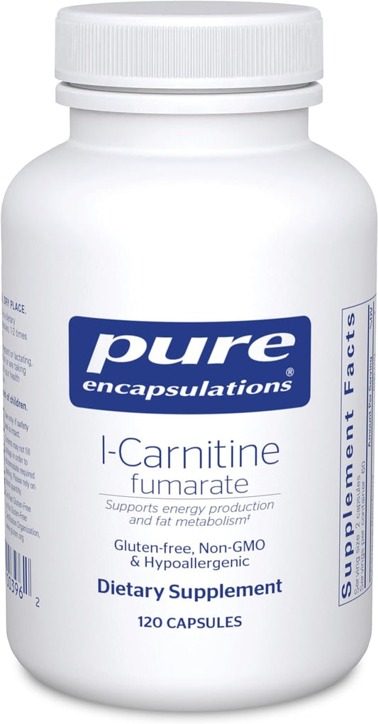 A bottle of Pure Encapsulations L-Carnitine Fumarate dietary supplement containing 120 capsules.