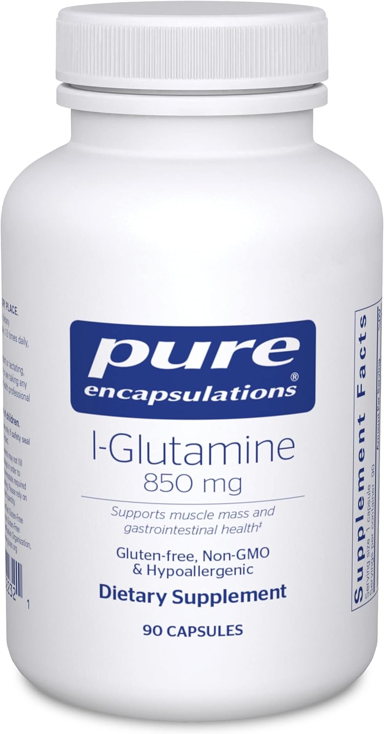 A bottle of Pure Encapsulations l-Glutamine 850 mg dietary supplement containing 90 capsules.