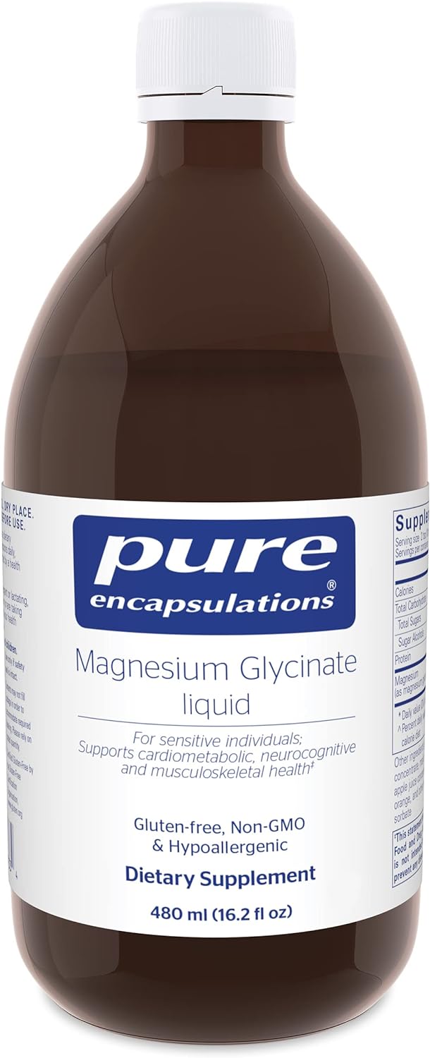 A bottle of Pure Encapsulations Magnesium Glycinate liquid dietary supplement, 480 ml.