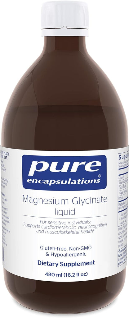 A bottle of Pure Encapsulations Magnesium Glycinate liquid dietary supplement, 480 ml.