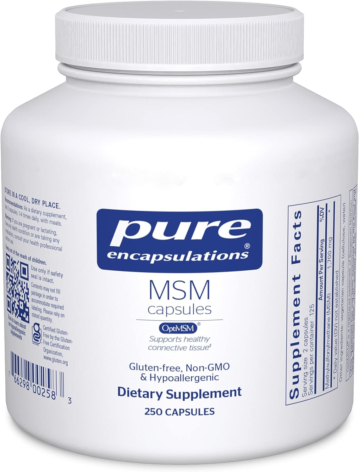 A bottle of Pure Encapsulations MSM Capsules dietary supplement with 250 capsules.