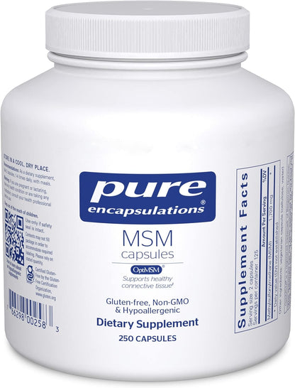 A bottle of Pure Encapsulations MSM Capsules dietary supplement with 250 capsules.