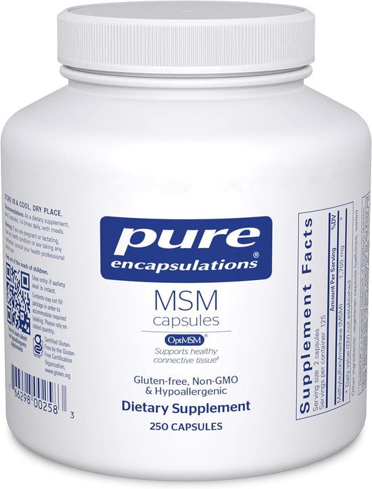 A bottle of Pure Encapsulations MSM Capsules dietary supplement with 250 capsules.