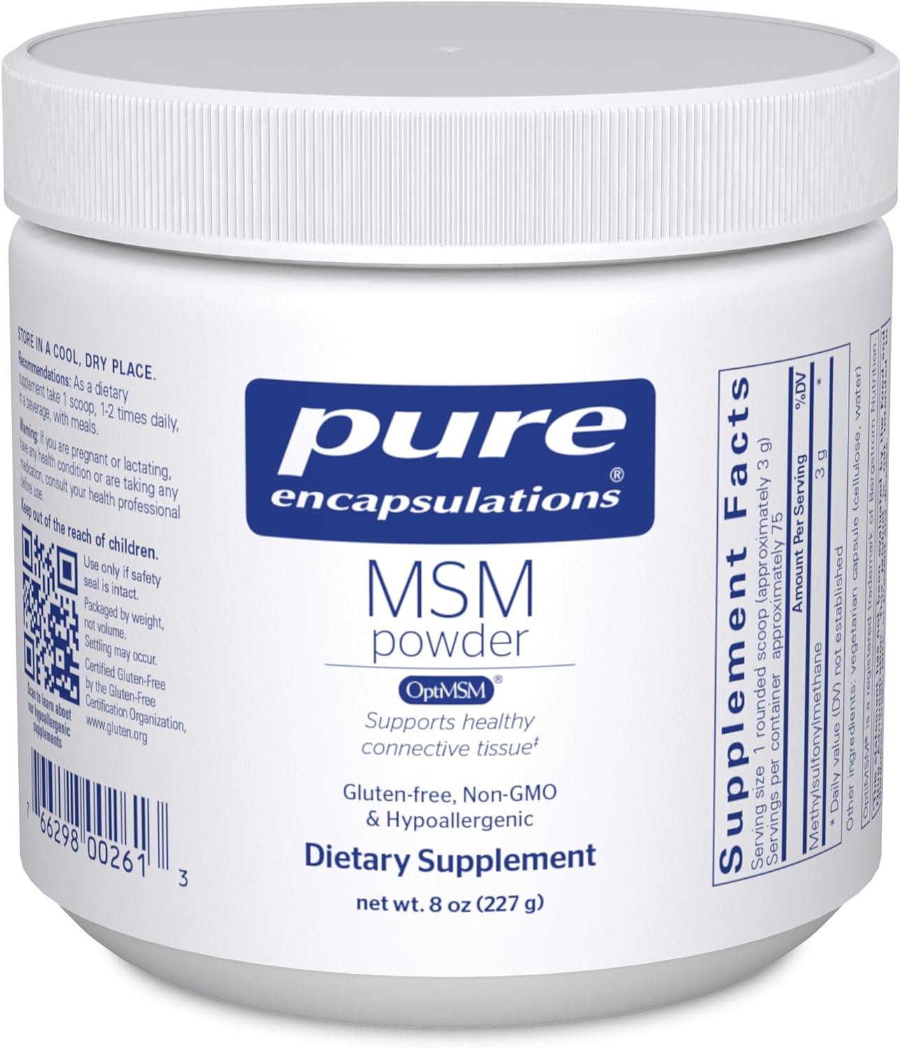 A container of Pure Encapsulations MSM Powder. The container is white with a blue label that includes the brand name, product name, and additional product information.
