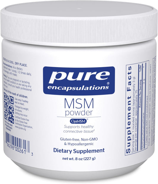 A container of Pure Encapsulations MSM Powder. The container is white with a blue label that includes the brand name, product name, and additional product information.