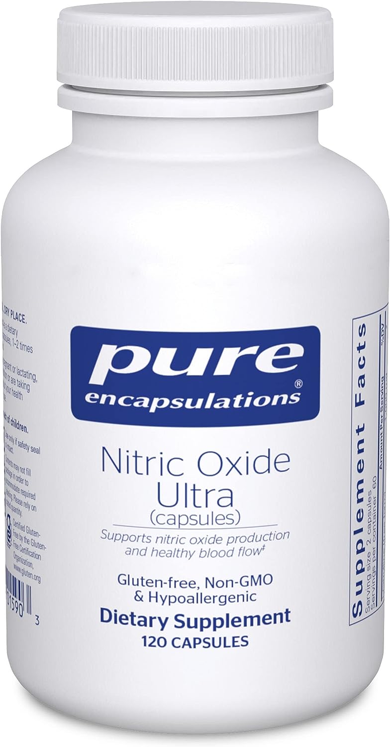 A bottle of Pure Encapsulations Nitric Oxide Ultra capsules, which is a dietary supplement for blood vessel support.