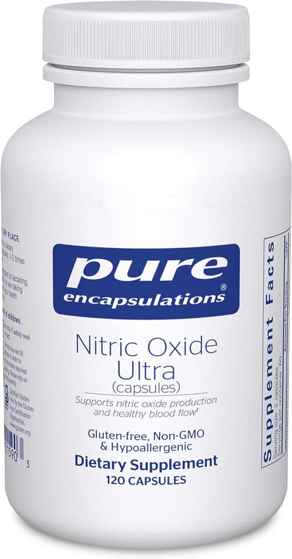 A bottle of Pure Encapsulations Nitric Oxide Ultra capsules, which is a dietary supplement for blood vessel support.