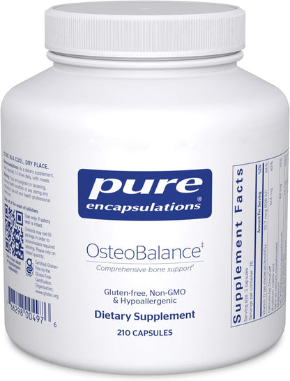 A bottle of Pure Encapsulations OsteoBalance dietary supplement with 210 capsules, labeled as gluten-free, non-GMO, and hypoallergenic.