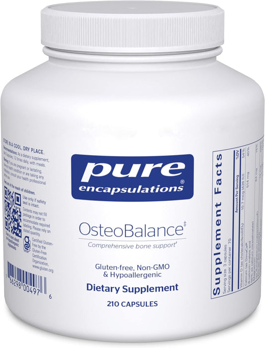 A bottle of Pure Encapsulations OsteoBalance dietary supplement with 210 capsules, labeled as gluten-free, non-GMO, and hypoallergenic.