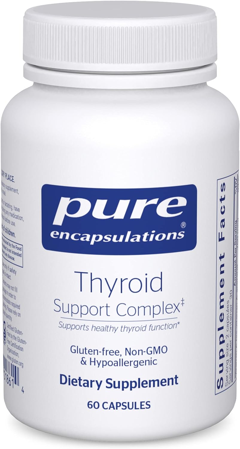 A bottle of Pure Encapsulations Thyroid Support Complex dietary supplement containing 60 capsules.