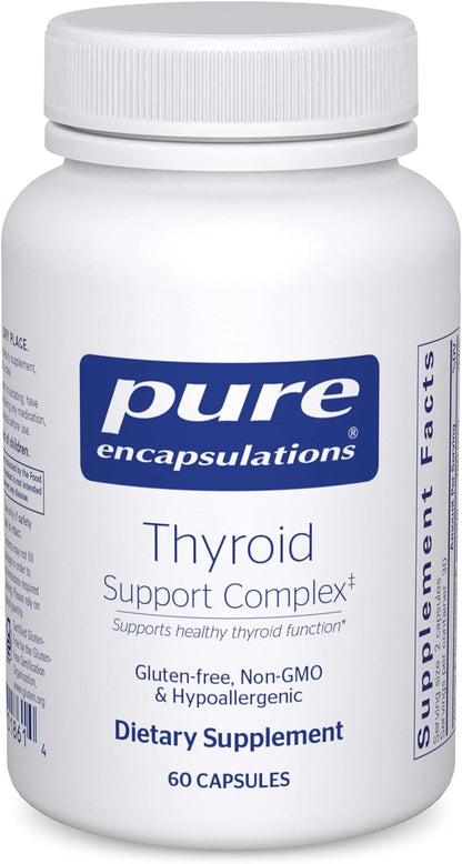 A bottle of Pure Encapsulations Thyroid Support Complex dietary supplement containing 60 capsules.