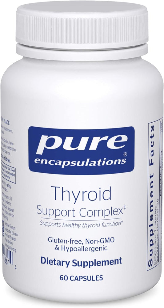 A bottle of Pure Encapsulations Thyroid Support Complex dietary supplement containing 60 capsules.