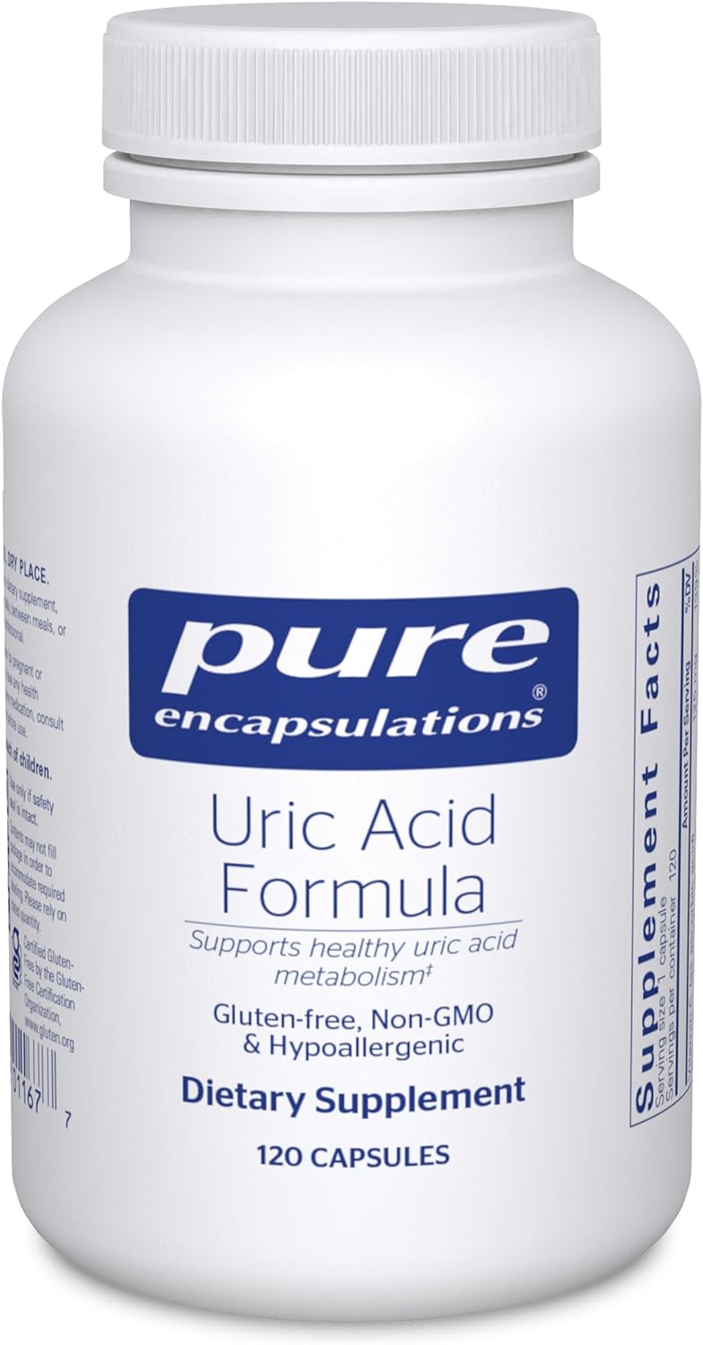 A bottle of Pure Encapsulations Uric Acid Formula dietary supplement containing 120 capsules.