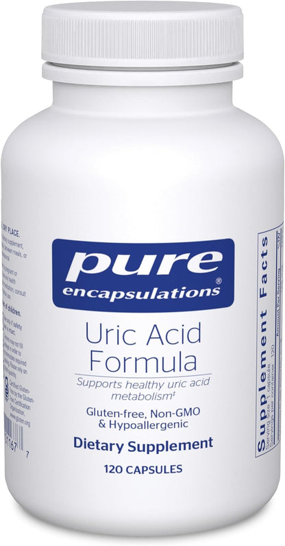 A bottle of Pure Encapsulations Uric Acid Formula dietary supplement containing 120 capsules.