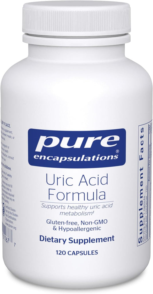 A bottle of Pure Encapsulations Uric Acid Formula dietary supplement containing 120 capsules.