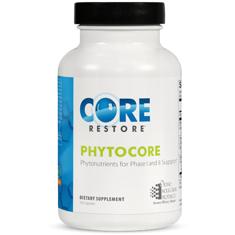 A bottle of Orthomolecular Products PhytoCore dietary supplement, with branding and product information displayed on the label.