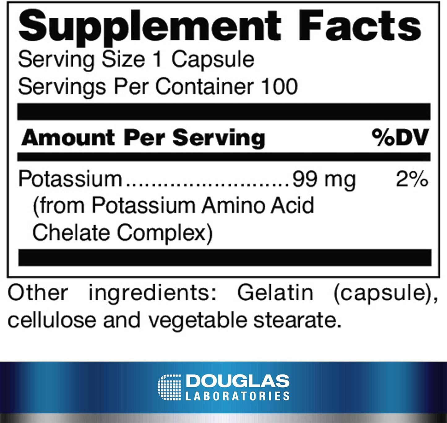 Supplement facts for a bottle of Douglas Labs Potassium Chelated dietary supplement 