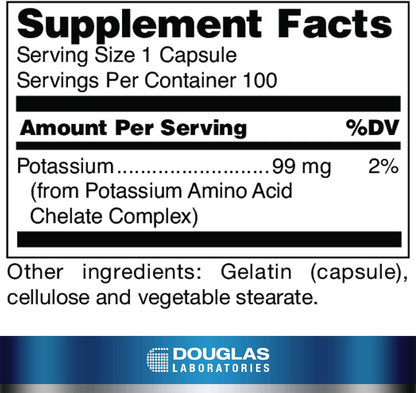 Supplement facts for a bottle of Douglas Labs Potassium Chelated dietary supplement 