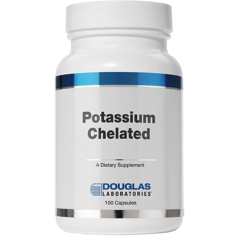 A bottle of Douglas Labs Potassium Chelated dietary supplement with 100 capsules.