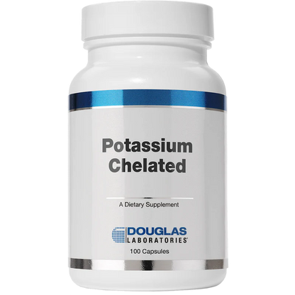 A bottle of Douglas Labs Potassium Chelated dietary supplement with 100 capsules.