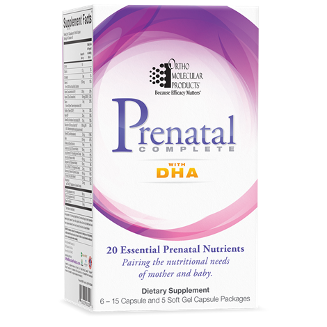 A box of OrthoMolecular Products Prenatal Complete with DHA dietary supplement, featuring product information and branding.