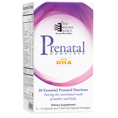 A box of OrthoMolecular Products Prenatal Complete with DHA dietary supplement, featuring product information and branding.
