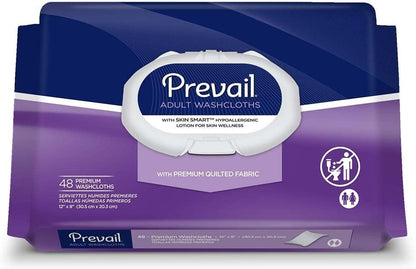 Packaging for Prevail Adult Cleansing Washcloths, showing a purple and blue design with product information.