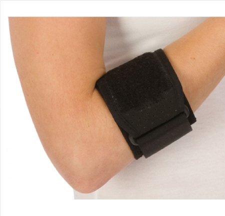 A black elbow support around a female arm.  