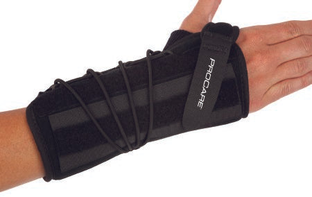 A black wrist brace with a preformed aluminum, foam, and nylon construction, featuring a single-pull lace closure and a soft, breathable liner.