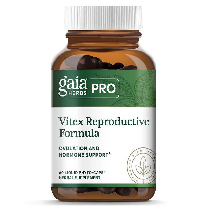 A bottle of Gaia Vitex Reproductive Formula, with 60 liquid phytocaps. The label indicates the product is for ovulation and hormone support.