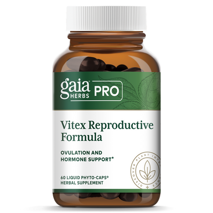A bottle of Gaia Vitex Reproductive Formula, with 60 liquid phytocaps. The label indicates the product is for ovulation and hormone support.