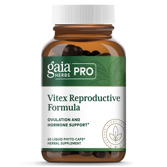 A bottle of Gaia Vitex Reproductive Formula, with 60 liquid phytocaps. The label indicates the product is for ovulation and hormone support.