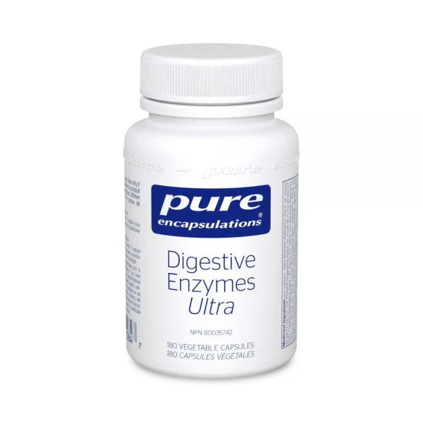 A bottle of Pure Encapsulations Digestive Enzymes Ultra dietary supplement.