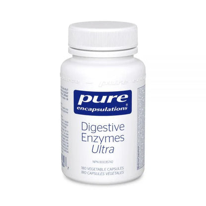 A bottle of Pure Encapsulations Digestive Enzymes Ultra dietary supplement.