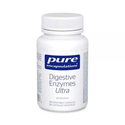 A bottle of Pure Encapsulations Digestive Enzymes Ultra dietary supplement.
