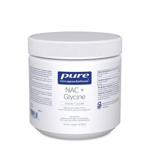 A container of Pure Encapsulations NAC+ Glycine Powder with peach-ginger flavor.