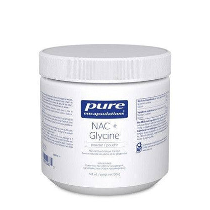 A container of Pure Encapsulations NAC+ Glycine Powder with peach-ginger flavor.