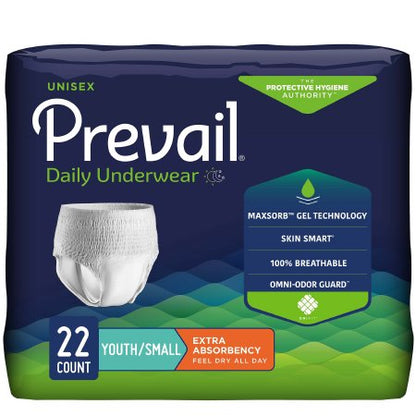 Packaging for Prevail unisex daily underwear, highlighting youth/small size and moderate absorbency features.