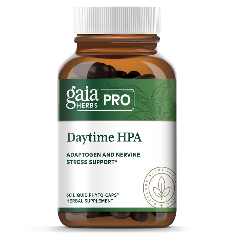 A bottle of Gaia Pro Daytime HPA, which contains 120 liquid phytocaps for adaptogen and nervine stress support.