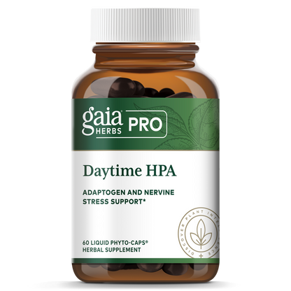 A bottle of Gaia Pro Daytime HPA, which contains 120 liquid phytocaps for adaptogen and nervine stress support.