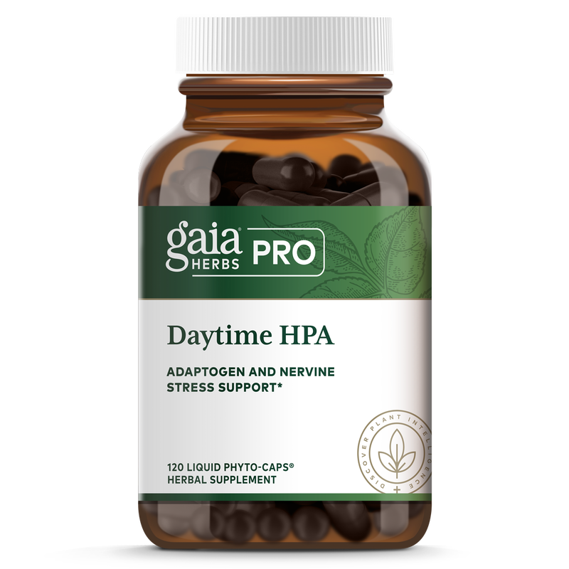 A bottle of Gaia Pro Daytime HPA, which contains 120 liquid phytocaps for adaptogen and nervine stress support.