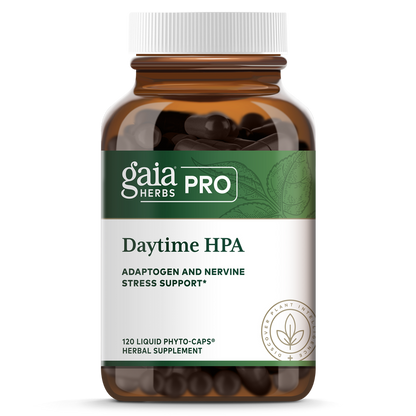 A bottle of Gaia Pro Daytime HPA, which contains 120 liquid phytocaps for adaptogen and nervine stress support.