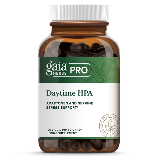 A bottle of Gaia Pro Daytime HPA, which contains 120 liquid phytocaps for adaptogen and nervine stress support.