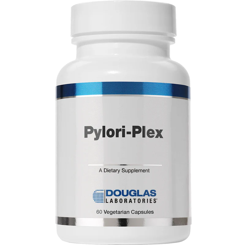 A bottle of Douglas Labs Pylori-Plex dietary supplement with 60 vegetarian capsules.