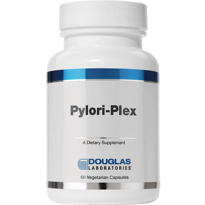 A bottle of Douglas Labs Pylori-Plex dietary supplement with 60 vegetarian capsules.