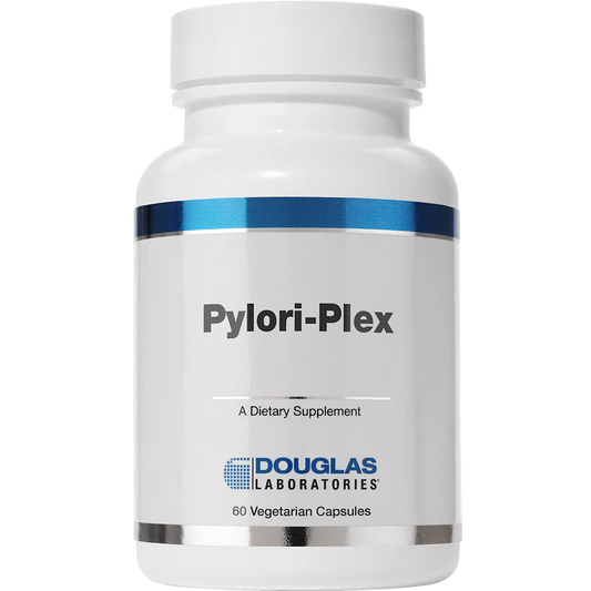 A bottle of Douglas Labs Pylori-Plex dietary supplement with 60 vegetarian capsules.