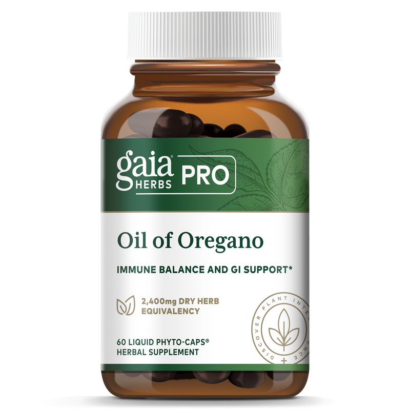 A bottle of Gaia Herbs Pro Oil of Oregano with 60 capsules, labeled as supporting immune balance and GI health.