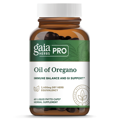 A bottle of Gaia Herbs Pro Oil of Oregano with 60 capsules, labeled as supporting immune balance and GI health.