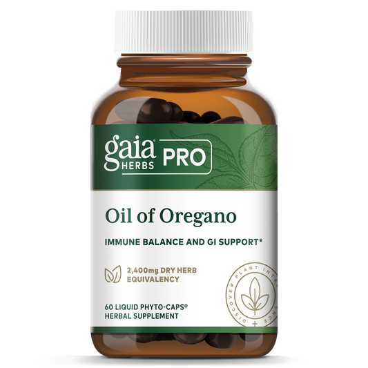 A bottle of Gaia Herbs Pro Oil of Oregano with 60 capsules, labeled as supporting immune balance and GI health.