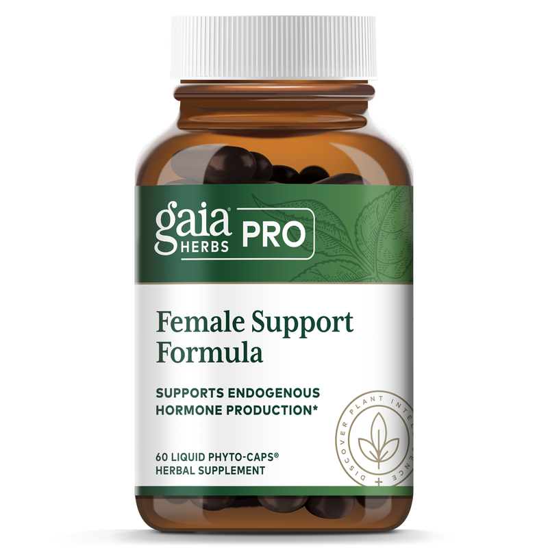 A bottle of Gaia Herbs Pro Female Support Formula with 60 liquid phytocapsules, intended for supporting endogenous hormone production.